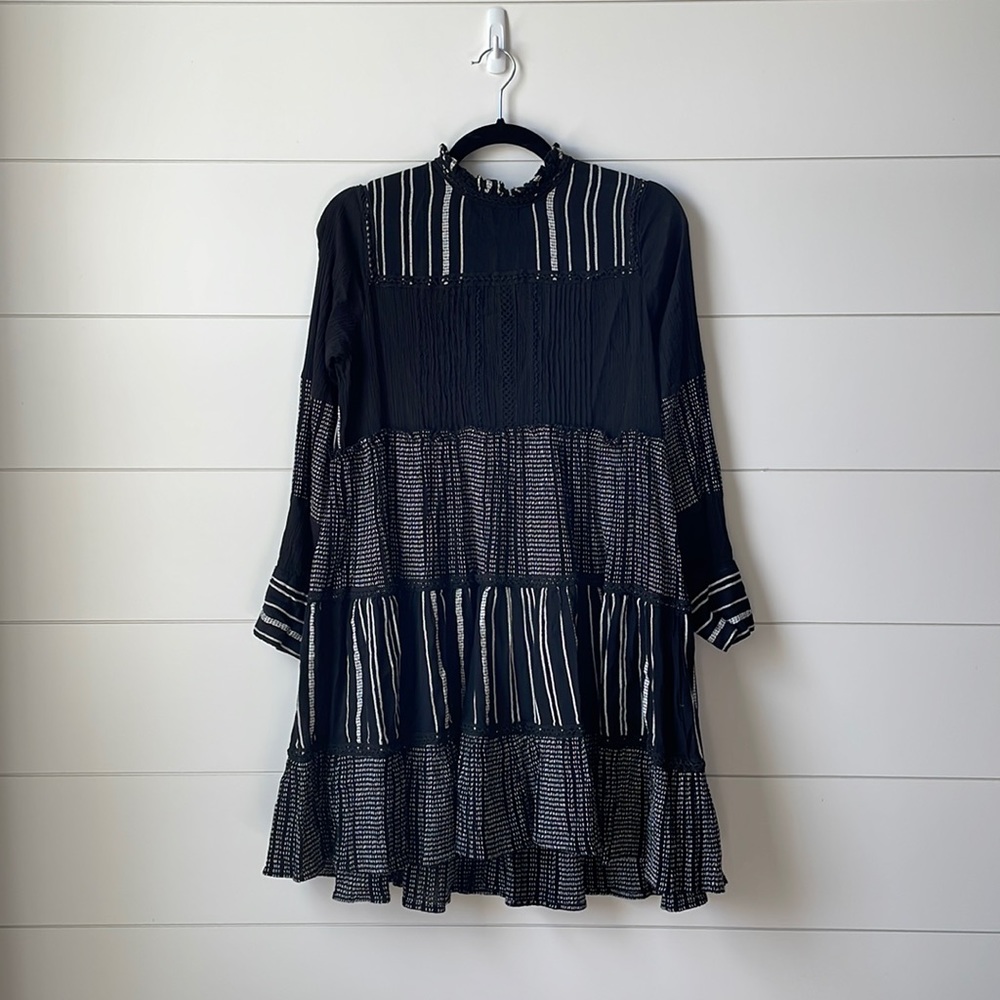 Zara Black and White Striped Long Sleeve Mini Dress with Lace Trim - Size XS
